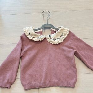 Zara baby girl 2T Mauve Knit Sweater with Embroidered Cream Peter Pan Collar